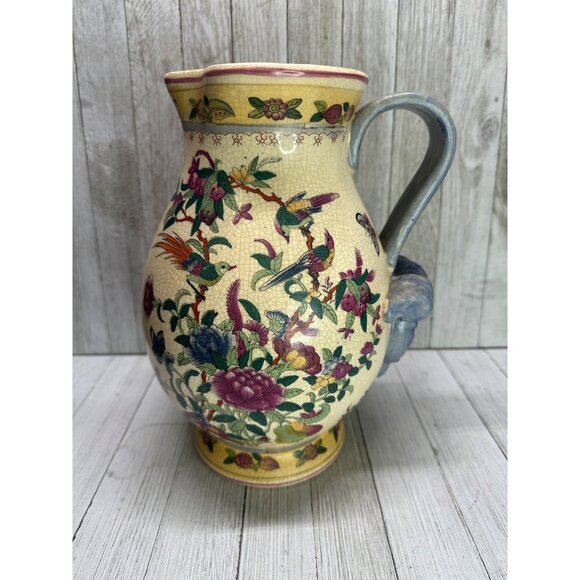 Vtg Chinese Tropical Birds and Floral Decor Pitcher Ceramic with Handle 10" Tall - Picture 3 of 12